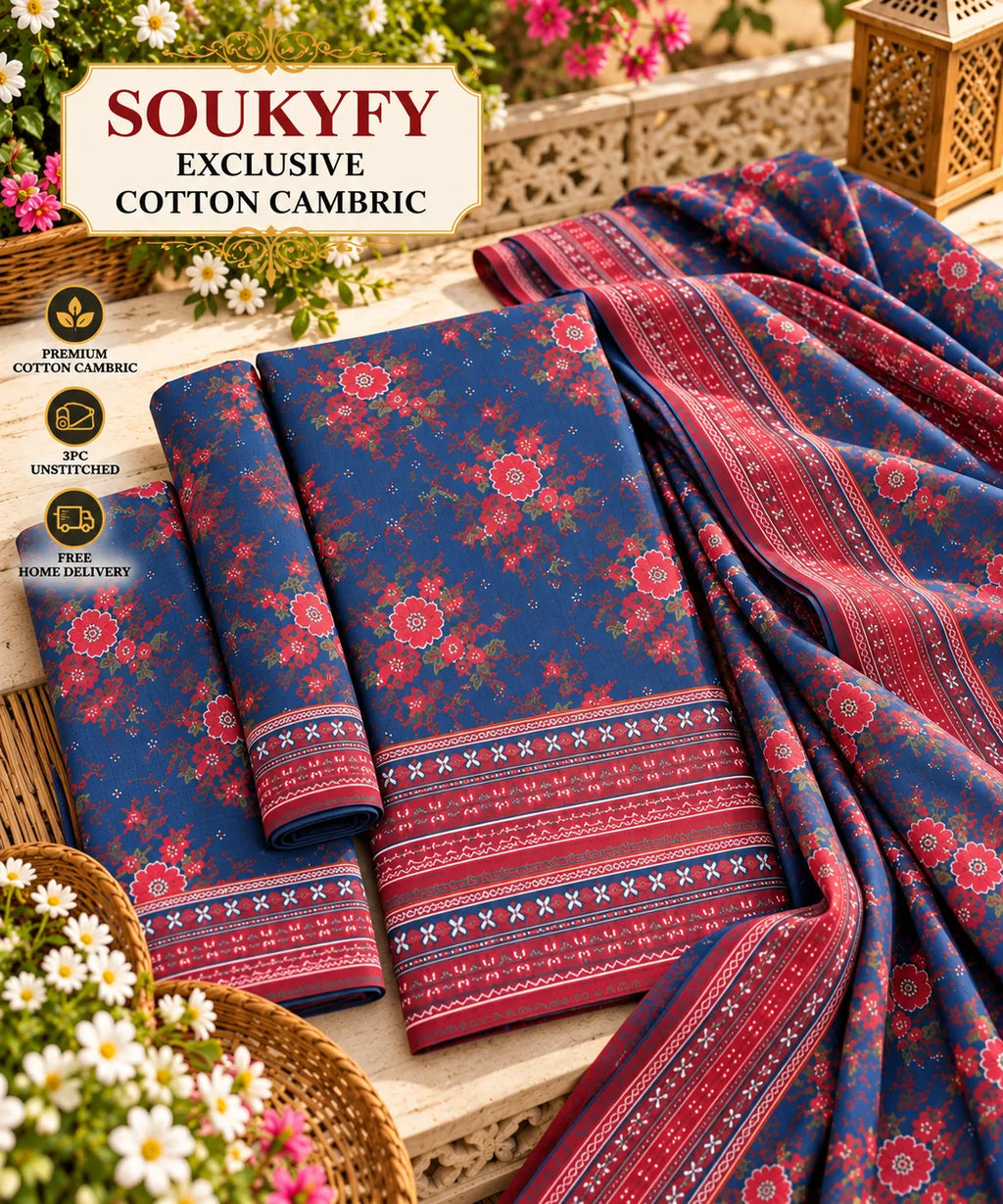 Soukyfy Exclusive Blue Floral Cotton Cambric Unstitched 3PC