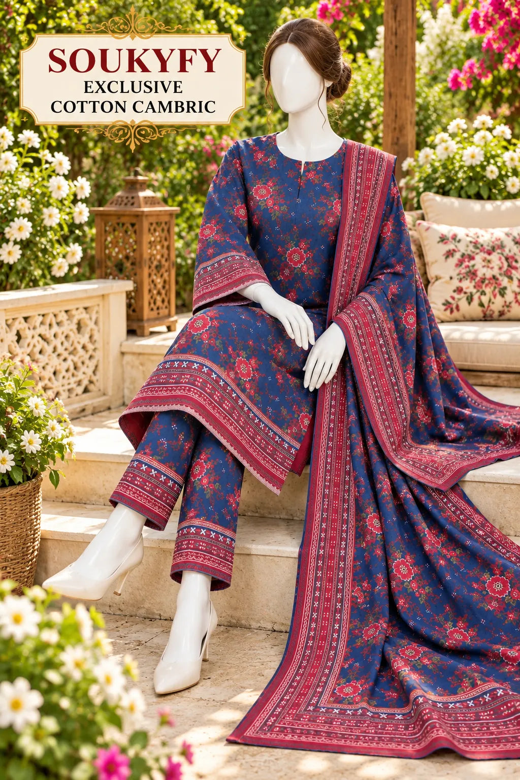 Soukyfy Exclusive Blue Floral Cotton Cambric Unstitched 3PC