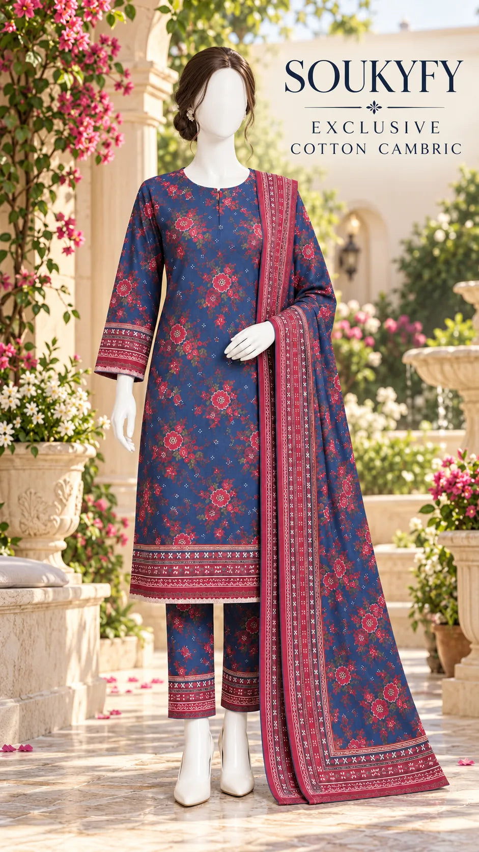 Soukyfy Exclusive Blue Floral Cotton Cambric Unstitched 3PC