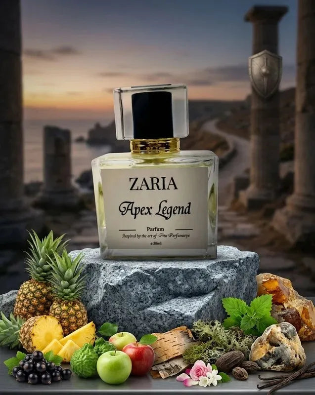 Zaria Apex Legend perfume bottle with fruits and herbs on a stone surface with a scenic background