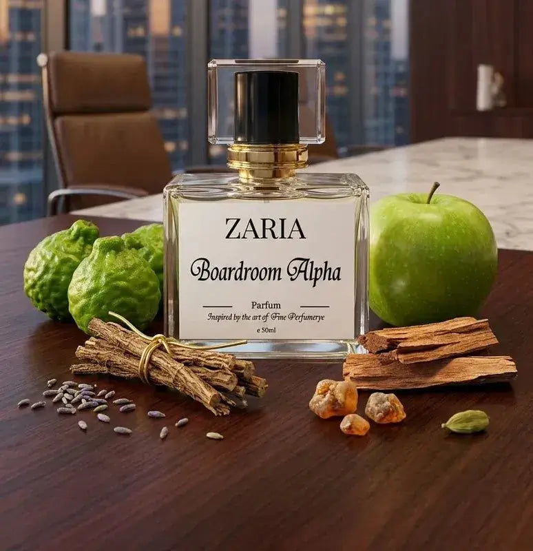Zaria Boardroom Alpha perfume bottle on a table with fruits and spices