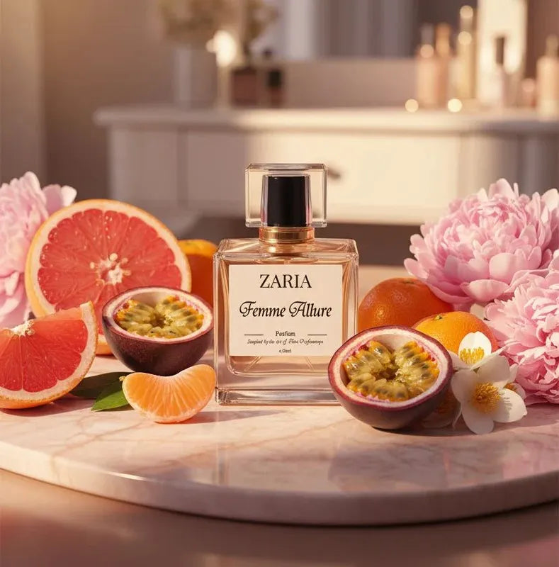 Zaria Femme Allure perfume bottle surrounded by fruits and flowers on a marble surface.