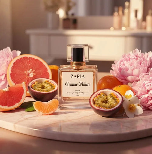 Zaria Femme Allure perfume bottle surrounded by fruits and flowers on a marble surface.