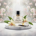 Zaria Flora Dun perfume bottle with flowers on a marble tray