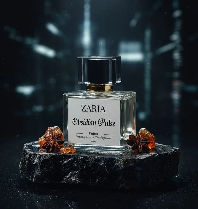 Zaria Obsidian Pulse perfume bottle on a dark background
