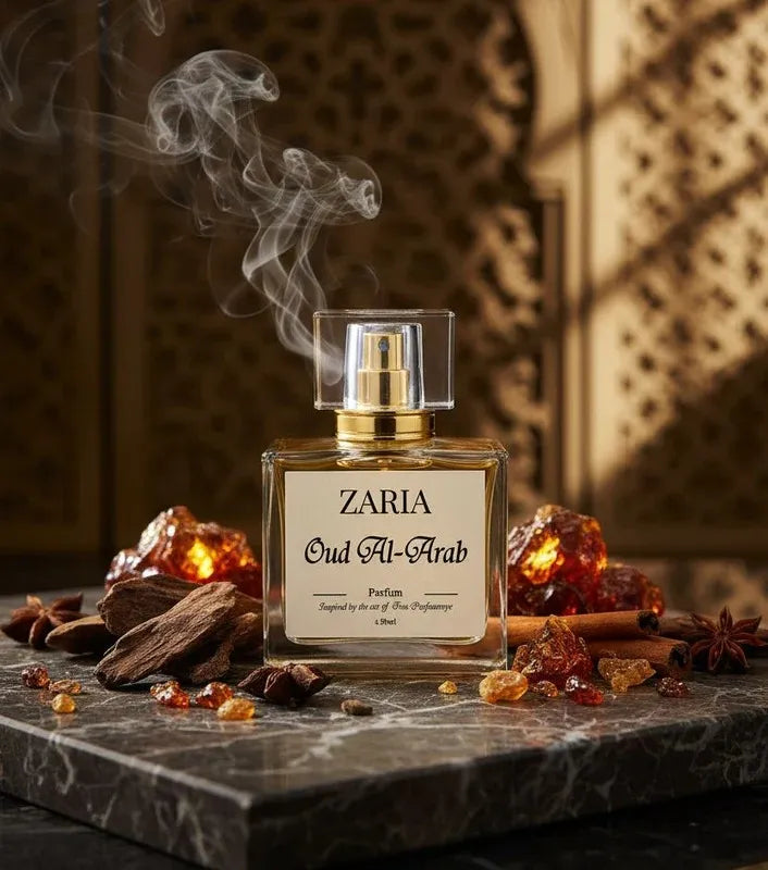 Zaria Oud Al-Arab perfume bottle with oud resins and spices on a dark surface.