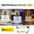 Three Zaria oud perfumes with promotional text on a white background