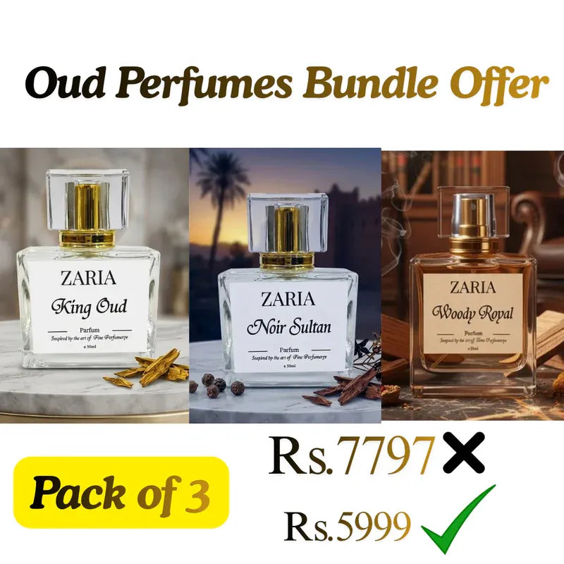 Three Zaria oud perfumes with promotional text on a white background