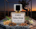 Zaria Urban Savage perfume bottle with natural elements on a stone surface against a sunset landscape.