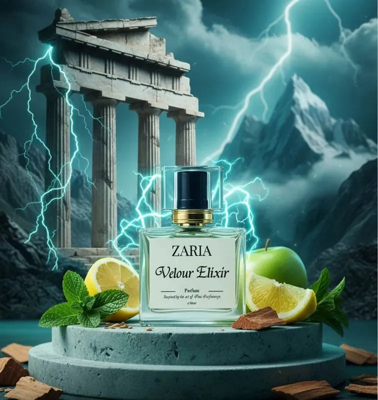 Zaria Velour Elixir perfume bottle with classical architecture and nature elements