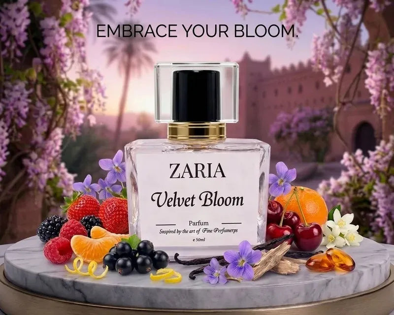 Zaria Velvet Bloom perfume bottle with fruits and flowers on a decorative stand with a blurred floral background.