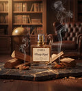 Zaria Woody Royal perfume bottle with smoke and wooden elements on a dark surface