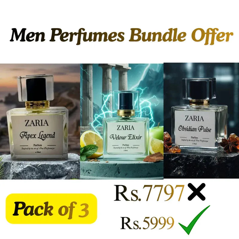 Zaria men's perfumes with promotional offer text on a white background