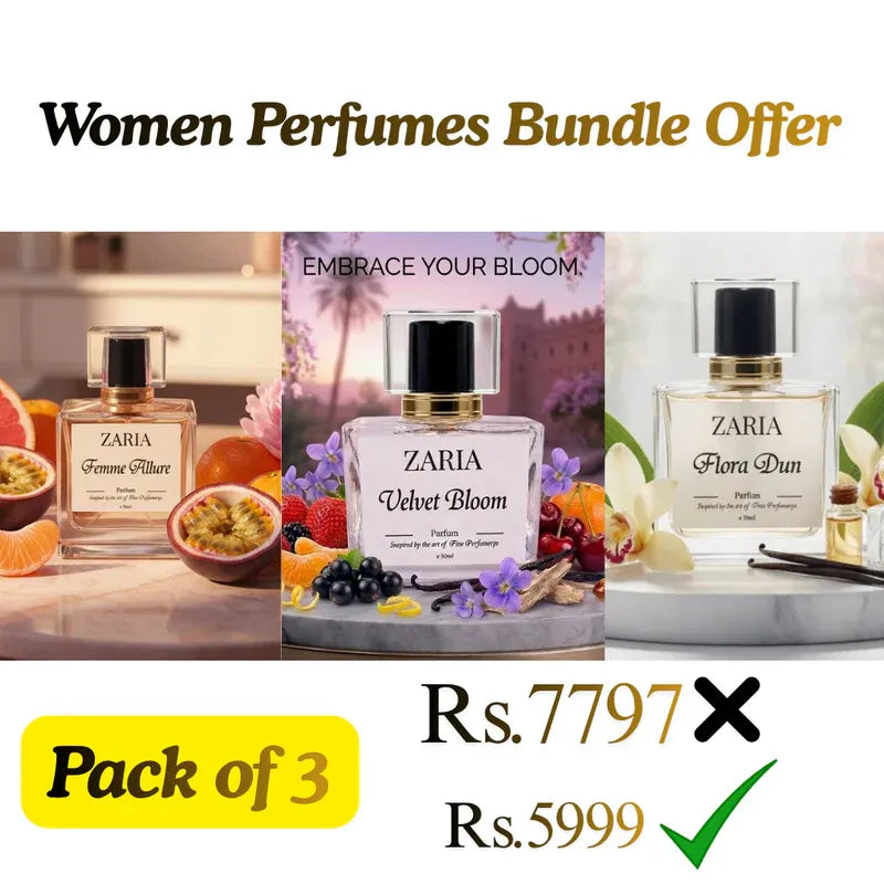 Zaria women's perfumes bundle offer with three different scents on a white background.