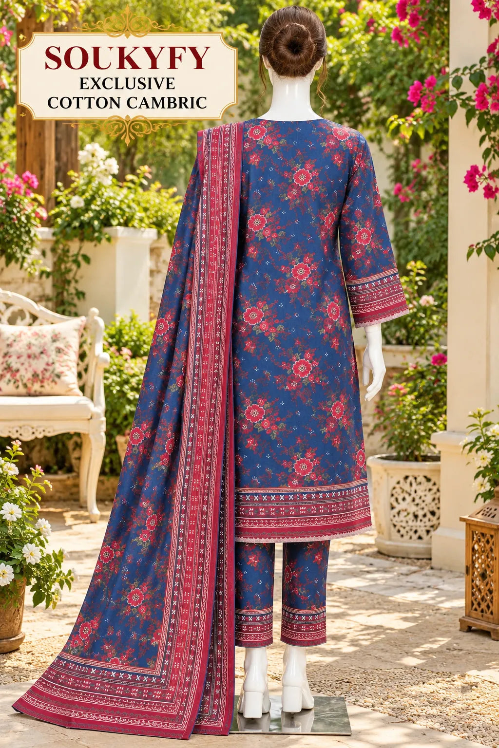Soukyfy Exclusive Blue Floral Cotton Cambric Unstitched 3PC